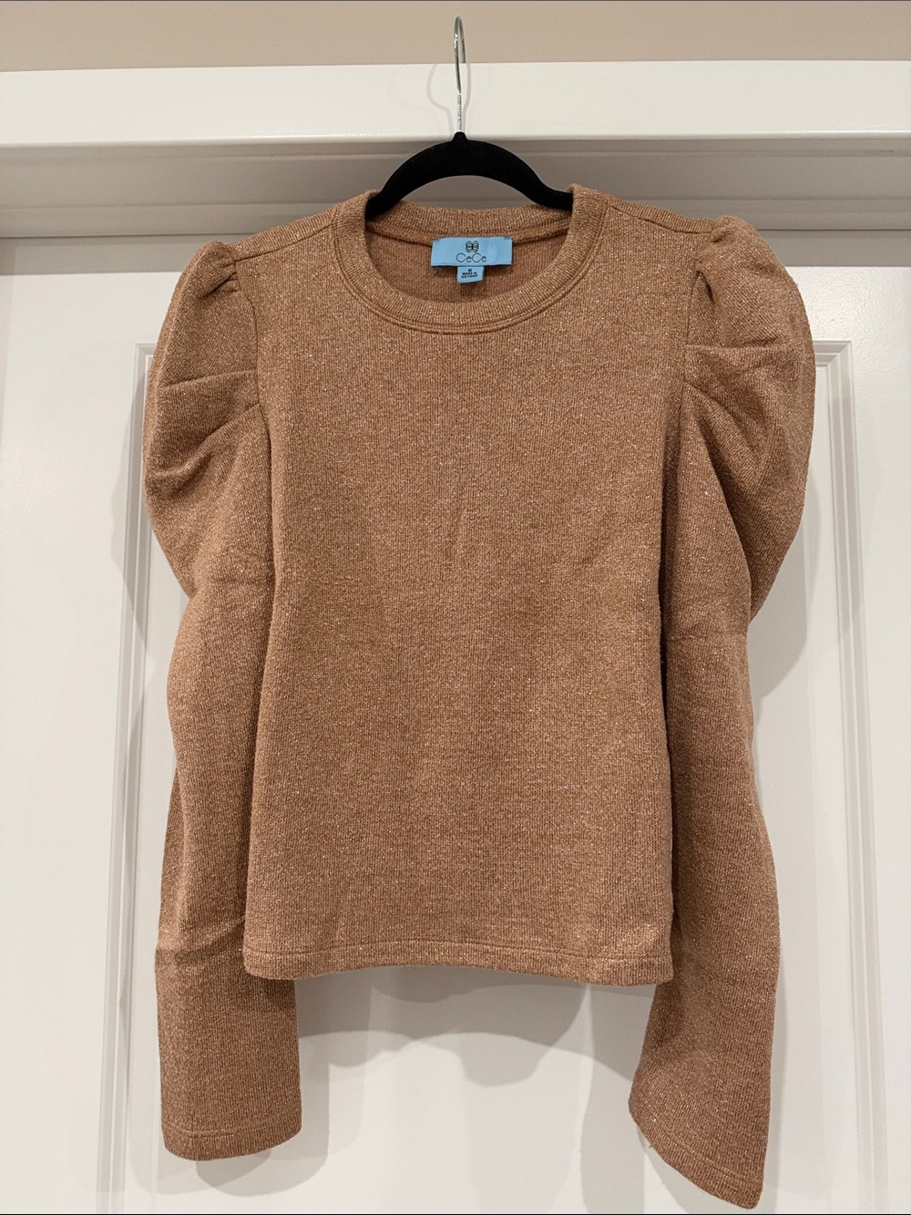 CeCe Metallic Puff-Sleeve Crewneck Sweater in Camel